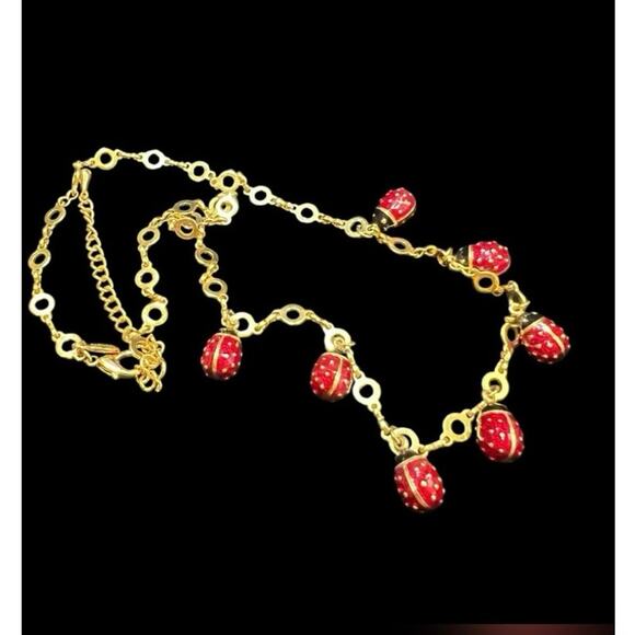 Joan Rivers Collection Vintage Seven Red Gold Tone Ladybug Dangle Necklace New - Picture 9 of 12